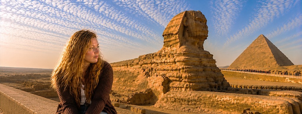 Anna at the Sphinx and Great Pyramid, Giza