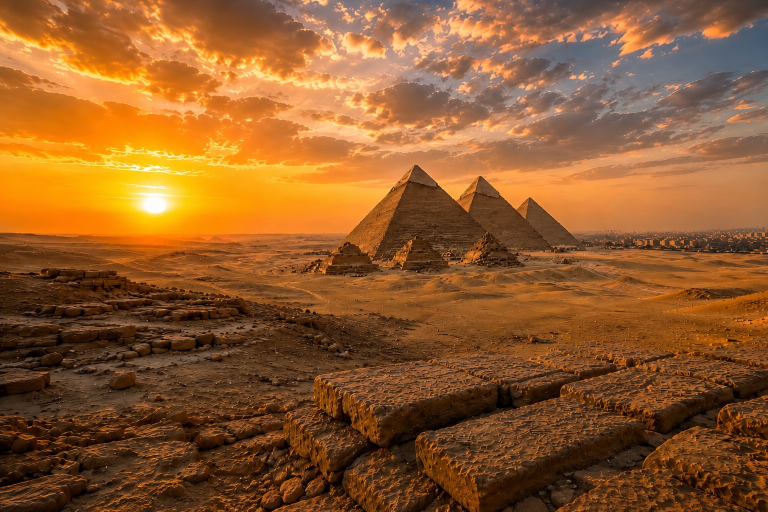 Pyramids of Giza at sunset